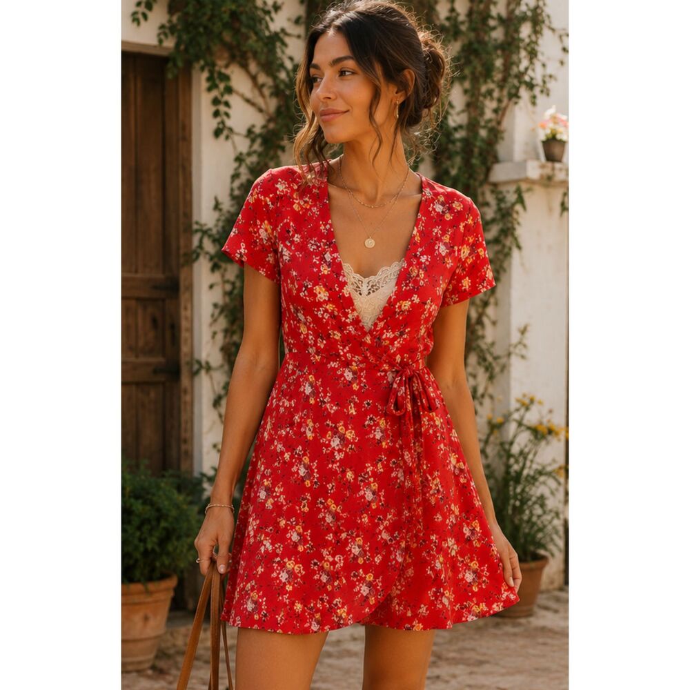 Red Floral Wrap Dress Women's Large Cottagecore Boho Tie Waist summer L